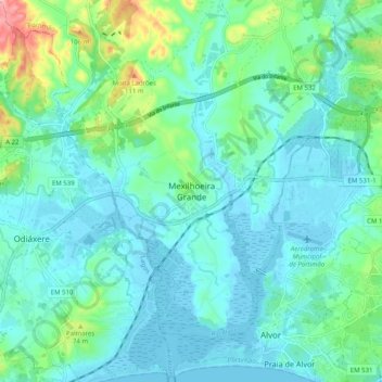 Mapa topográfico Mexilhoeira Grande, altitud, relieve