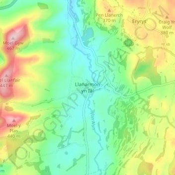 Mapa topográfico Llanarmon yn Iâl, altitud, relieve