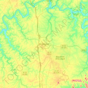 Mapa topográfico Richmond, altitud, relieve