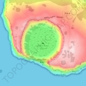 Mapa topográfico Rano Kau, altitud, relieve