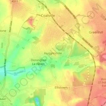 Mapa topográfico Hugglescote, altitud, relieve