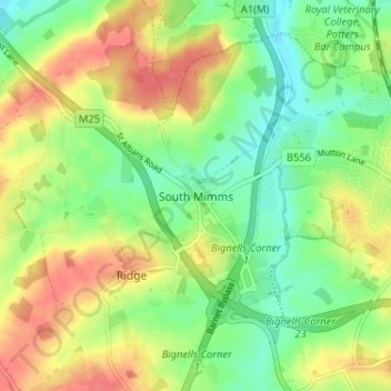 Mapa topográfico South Mimms, altitud, relieve