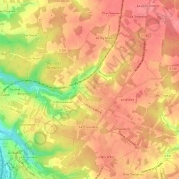 Mapa topográfico Montignac, altitud, relieve