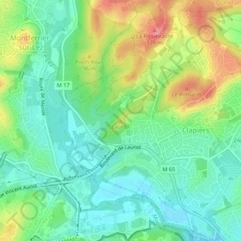 Mapa topográfico Lauriol, altitud, relieve