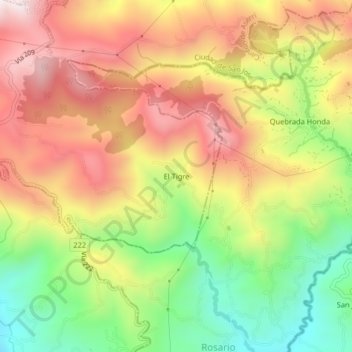 Mapa topográfico El Tigre, altitud, relieve