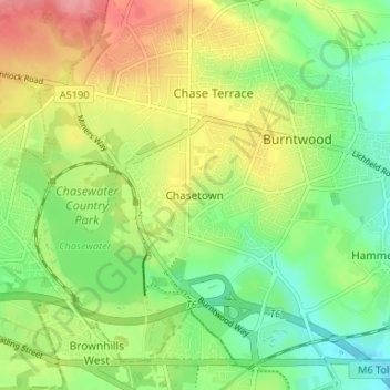 Mapa topográfico Chasetown, altitud, relieve