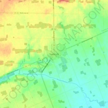 Mapa topográfico Tavistock, altitud, relieve
