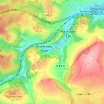 Mapa topográfico Hellering, altitud, relieve