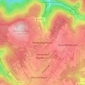 Mapa topográfico Waldkatzenbach, altitud, relieve