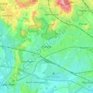Mapa topográfico Ruislip, altitud, relieve