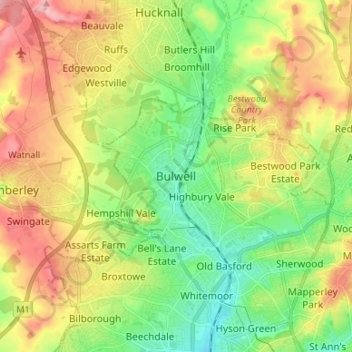 Mapa topográfico Bulwell, altitud, relieve
