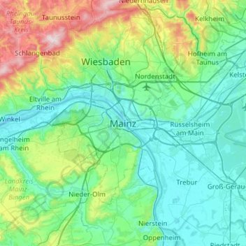 Mapa topográfico Mainz, altitud, relieve