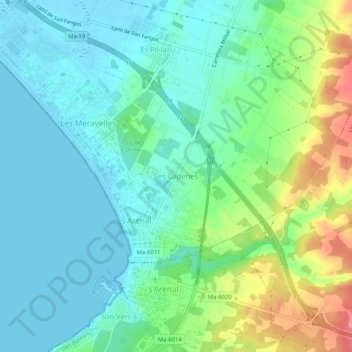 Mapa topográfico Ses Cadenes, altitud, relieve