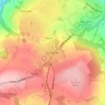 Mapa topográfico Sunniside, altitud, relieve