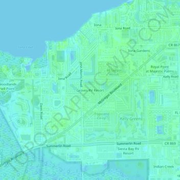 Mapa topográfico Groves RV Resort, altitud, relieve