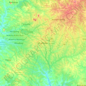 Mapa topográfico Kumasi, altitud, relieve