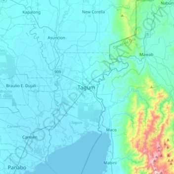 Mapa topográfico Tagum, altitud, relieve