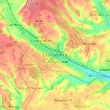 Mapa topográfico Berkhamsted, altitud, relieve