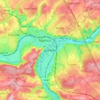 Mapa topográfico Jambes, altitud, relieve