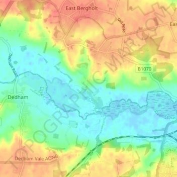 Mapa topográfico Flatford, altitud, relieve