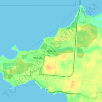 Mapa topográfico Weipa, altitud, relieve