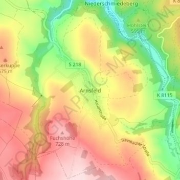Mapa topográfico Arnsfeld, altitud, relieve