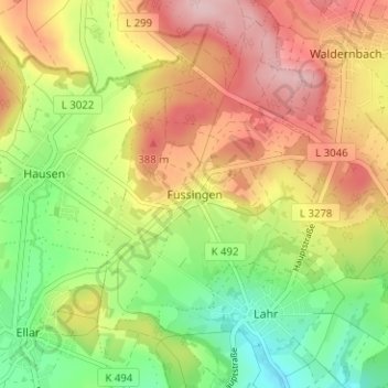 Mapa topográfico Fussingen, altitud, relieve