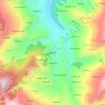 Mapa topográfico Ugaliya, altitud, relieve