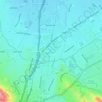 Mapa topográfico Contra Costa Centre, altitud, relieve