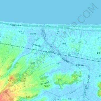 Mapa topográfico 由良/大栄, altitud, relieve
