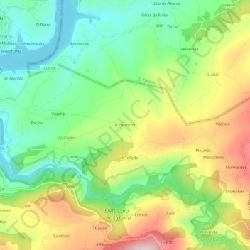 Mapa topográfico A Parrocha, altitud, relieve