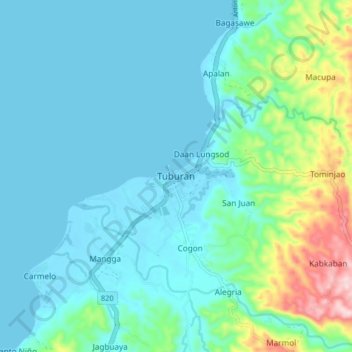Mapa topográfico Tuburan, altitud, relieve