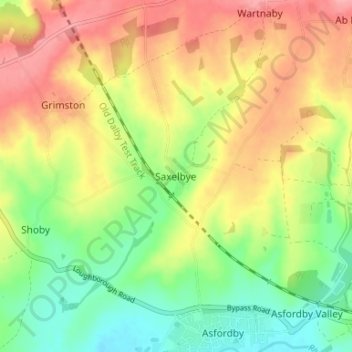 Mapa topográfico Saxelbye, altitud, relieve