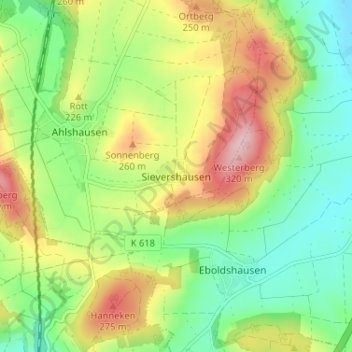 Mapa topográfico Sievershausen, altitud, relieve