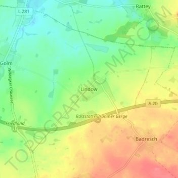 Mapa topográfico Lindow, altitud, relieve