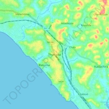 Mapa topográfico Thottada, altitud, relieve