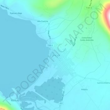 Mapa topográfico Coñaripe, altitud, relieve