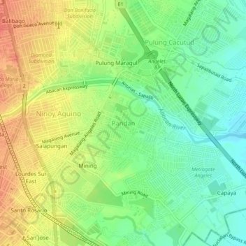 Mapa topográfico Pandan, altitud, relieve