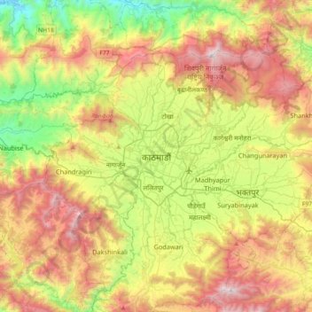 Mapa topográfico Kathmandu, altitud, relieve