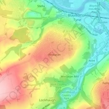 Mapa topográfico Winlaton, altitud, relieve