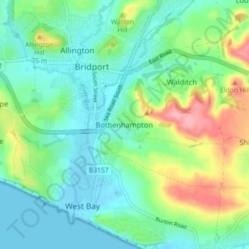 Mapa topográfico Bothenhampton, altitud, relieve