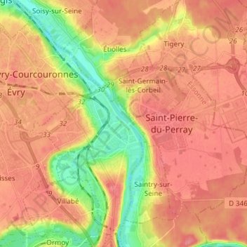 Mapa topográfico Corbeil-Essonnes, altitud, relieve