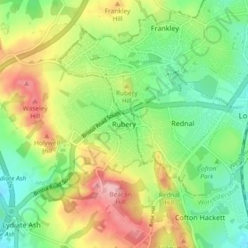 Mapa topográfico Rubery, altitud, relieve