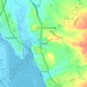 Mapa topográfico Ebford, altitud, relieve