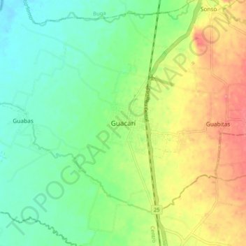 Mapa topográfico Guacarí, altitud, relieve