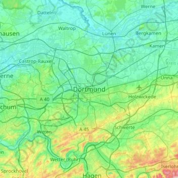 Mapa topográfico Dortmund, altitud, relieve
