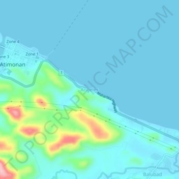 Mapa topográfico Angeles, altitud, relieve