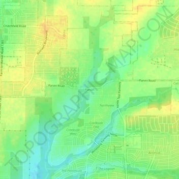Mapa topográfico Parvin, altitud, relieve