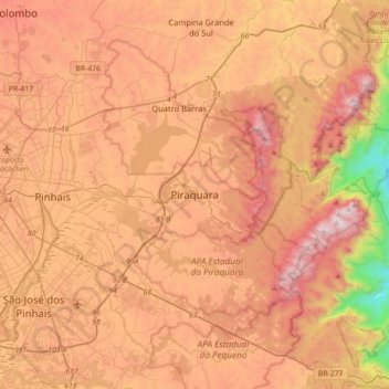 Mapa topográfico Piraquara, altitud, relieve