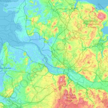 Mapa topográfico Pinneberg, altitud, relieve